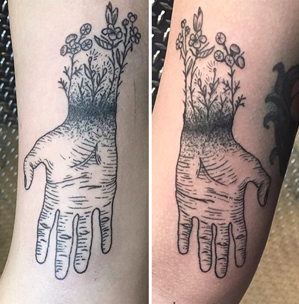 Trio tattoos featuring a hand with plants growing from the wrist, symbolizing growth and connection.