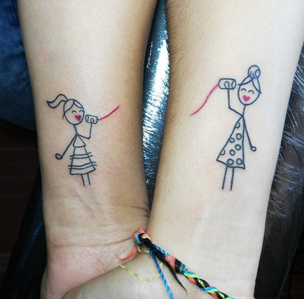 Minimalist trio tattoos of stick figure girls with tin can phones on forearms.