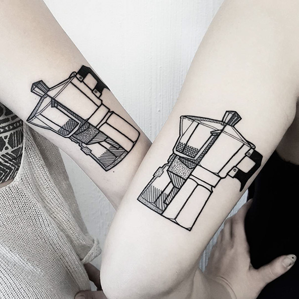 Trio tattoos featuring detailed coffee maker designs on arms.