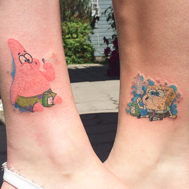 Trio tattoos featuring cartoon characters blowing bubbles on legs, showcasing playful matching designs.