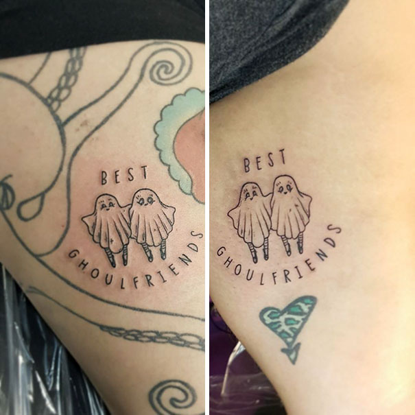 Trio tattoos with cute ghost friends labeled "Best Ghoulfriends," highlighting friendship theme in matching designs.