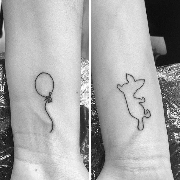 Minimalist trio tattoos: balloon and piglet outline on arms.