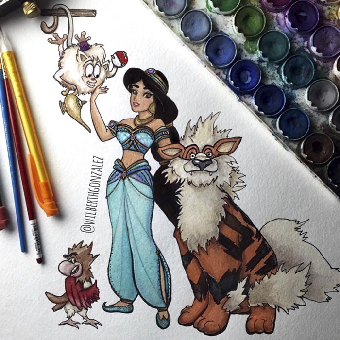 Disney princess and sidekicks reimagined as Pokemon, featuring vibrant artwork with paints and brushes.