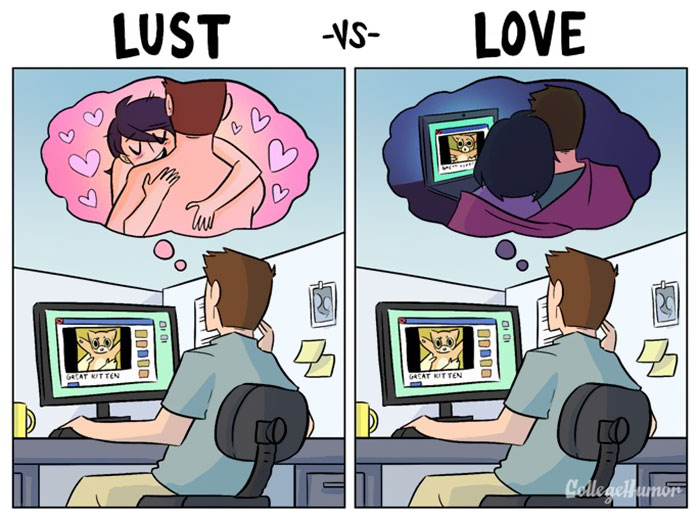 Cartoon shows love vs. lust: a man at his desk with differing thought bubbles about romantic and physical attraction.