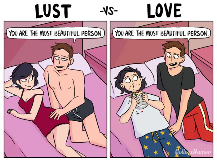 Comic illustration contrasting lust and love in relationships, showing two scenarios with a couple on a bed.