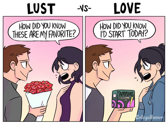 Comic contrasting love and lust, with a man holding flowers in "lust" and tampons in "love."