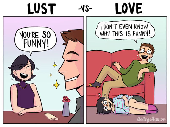 Comic contrasting love vs. lust with humorous dialogues on a couch and at a table.