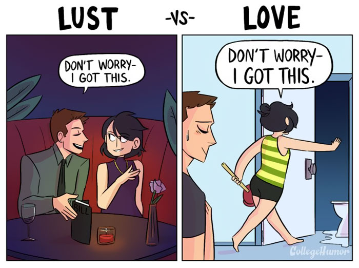 Comic illustration comparing lust and love, showing different scenarios with the phrase "Don't worry—I got this."