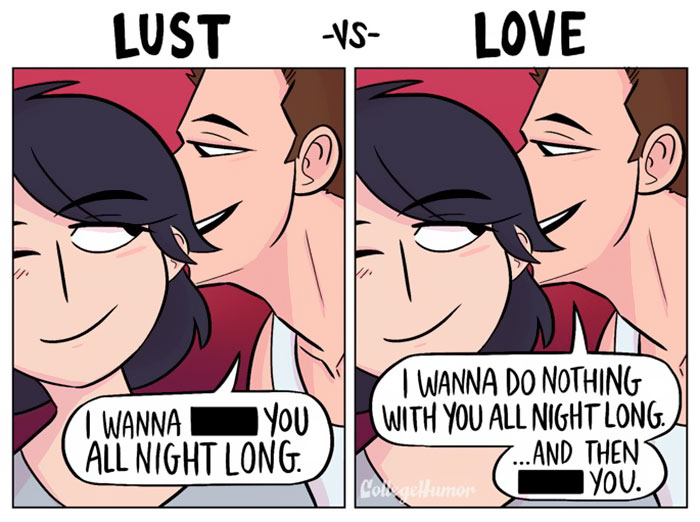 Comic illustration contrasting lust and love with a couple's dialogue in two panels.