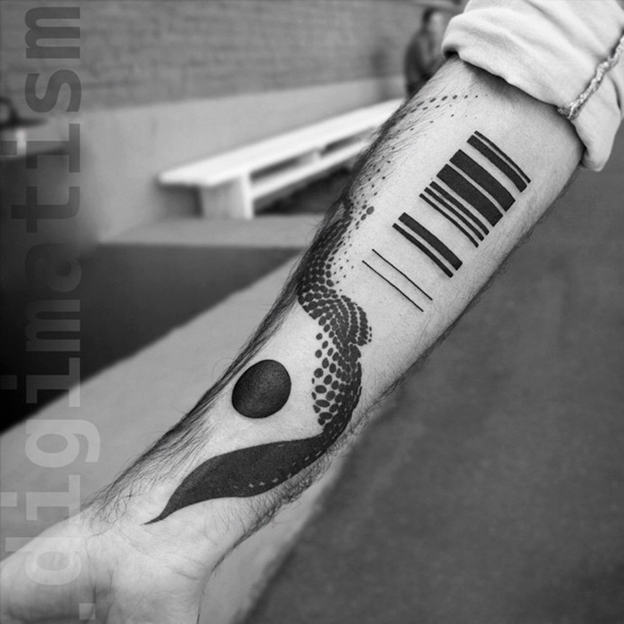 Minimalist digital tattoo design on forearm featuring barcode and abstract shapes by Russian artist.