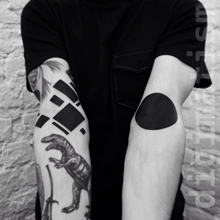 Minimalist digitally-designed tattoos on arms, featuring geometric shapes and a dinosaur, by a Russian artist.
