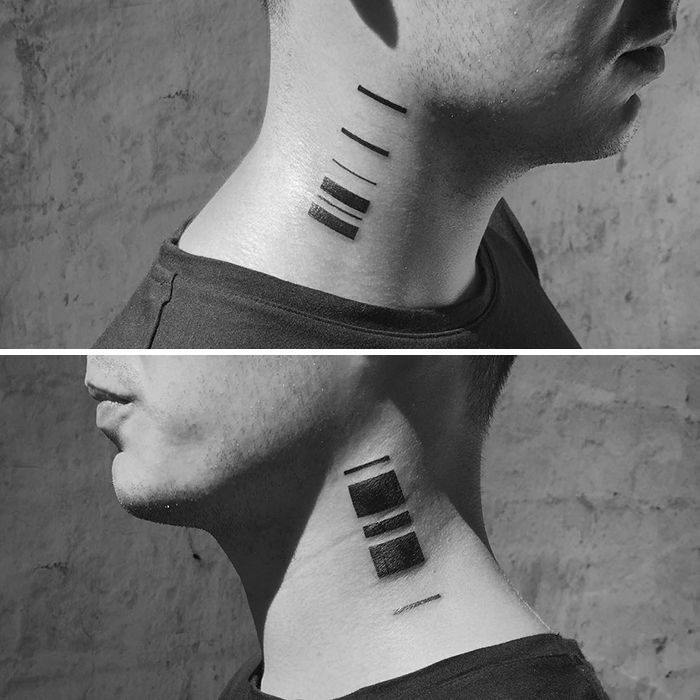 Minimalist digitally-designed tattoos on a person's neck, simple line patterns by a Russian artist.