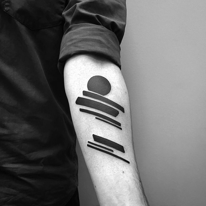Minimalist digitally-designed tattoo featuring geometric shapes on forearm, created by a Russian artist.