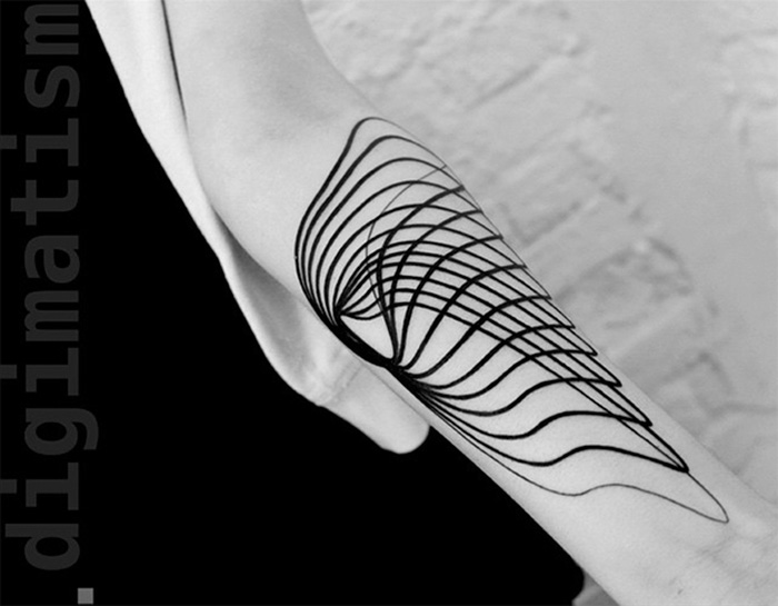 Minimalist digitally-designed tattoo in black ink on an arm, featuring abstract geometric lines.