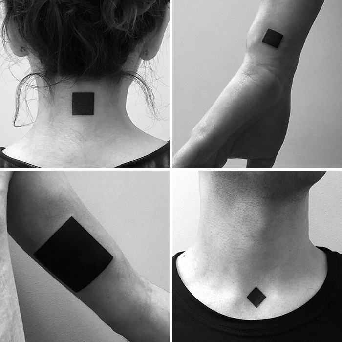 Minimalist digitally-designed tattoos in black geometric shapes on various body parts.