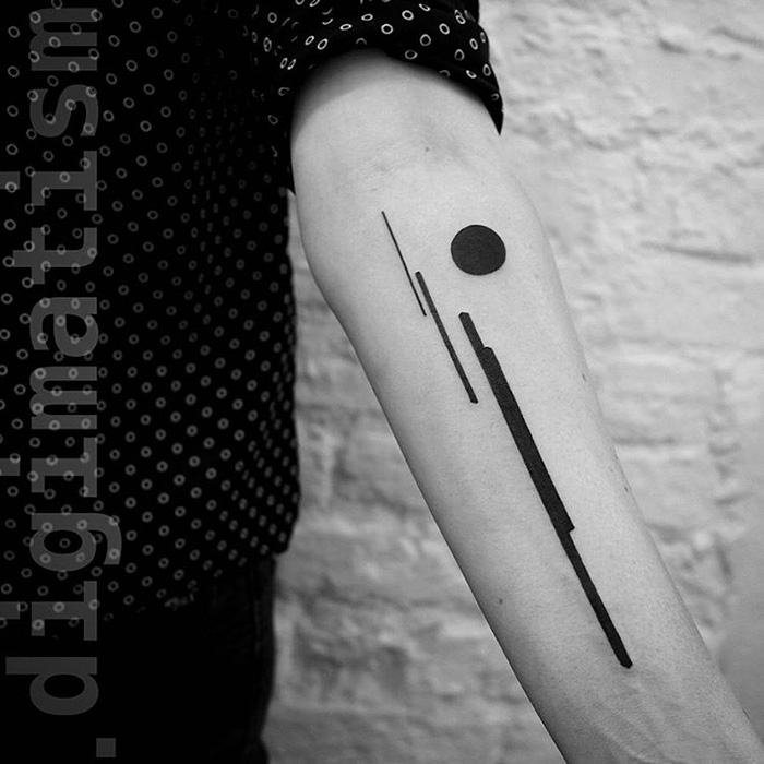 Minimalist digitally-designed tattoo with geometric lines and circles on a forearm.