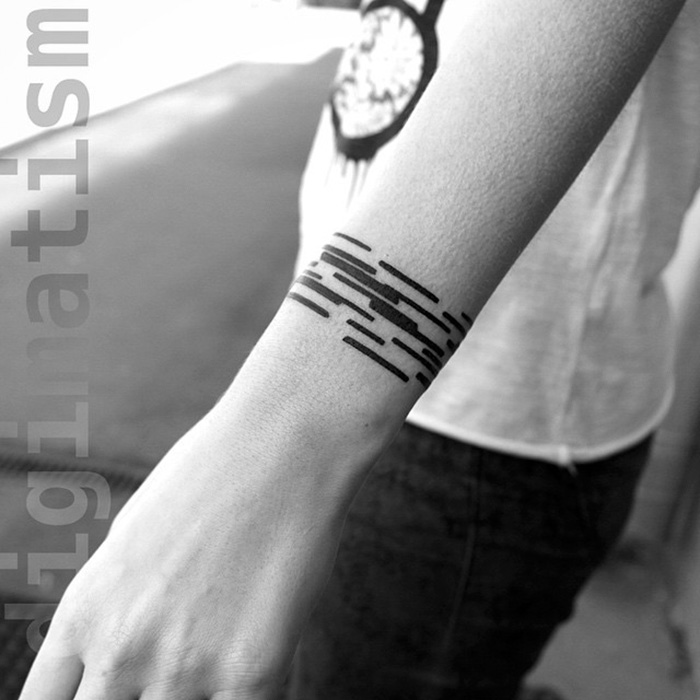 Black minimalist tattoo of digital lines on a person's forearm, designed by a Russian artist.