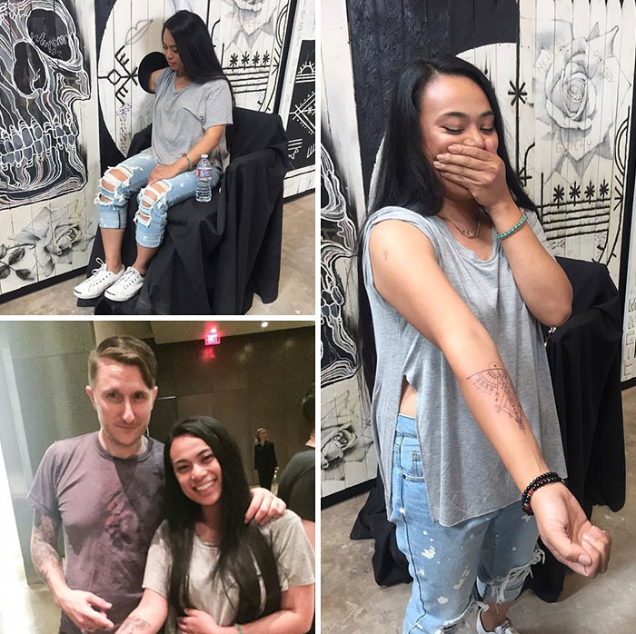 Woman reacts to getting a mystery tattoo by famous artist in a unique surprise event, showcasing her new inked arm.