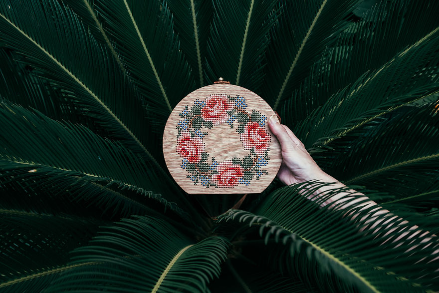 Wearable Wooden Bags That I Cross-Stitch With Nature Patterns Wearable Wooden Bags That I Cross-Stitch With Nature Patterns
