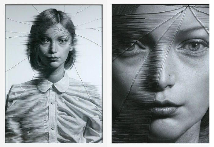 The Cracked Portrait, Pencil Drawing And Glass