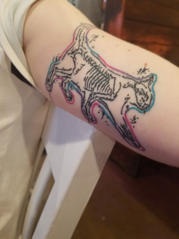 Cat tattoo on forearm featuring a colorful, abstract design, expressing creativity and love for cats.