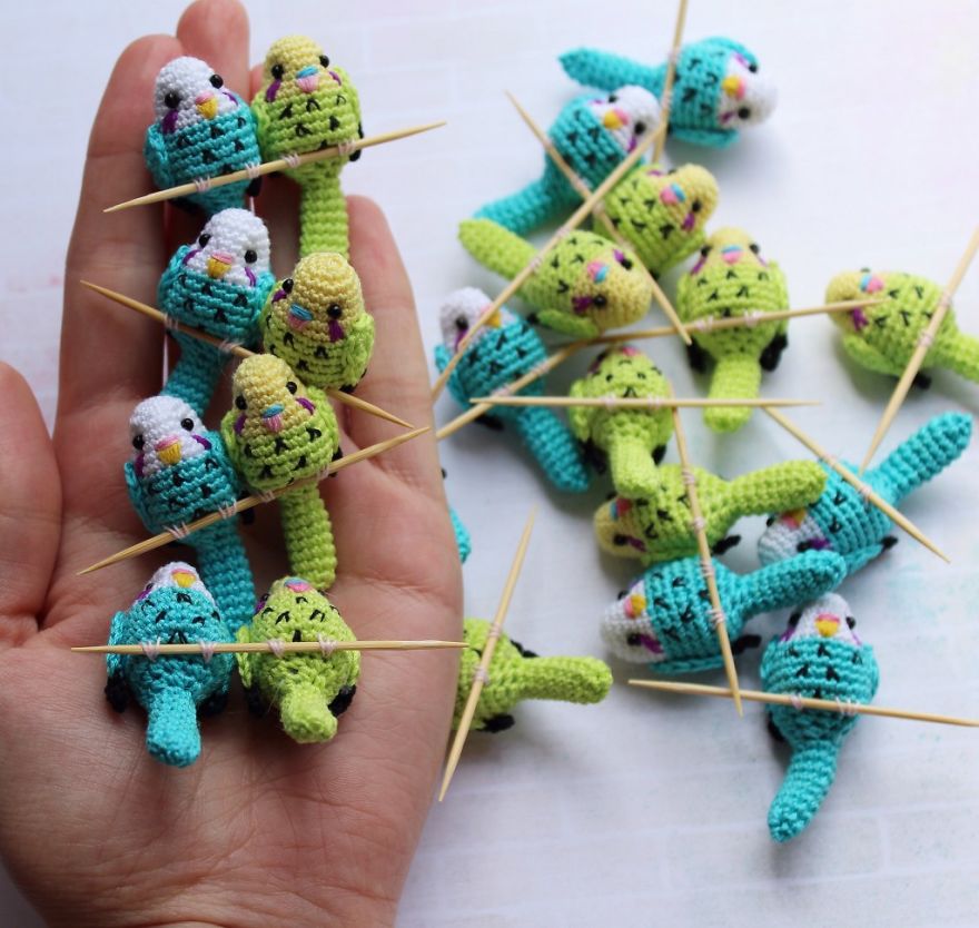 Russian Artist Crochets Miniature Budgies On Sticks