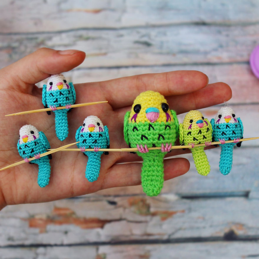 Russian Artist Crochets Miniature Budgies On Sticks