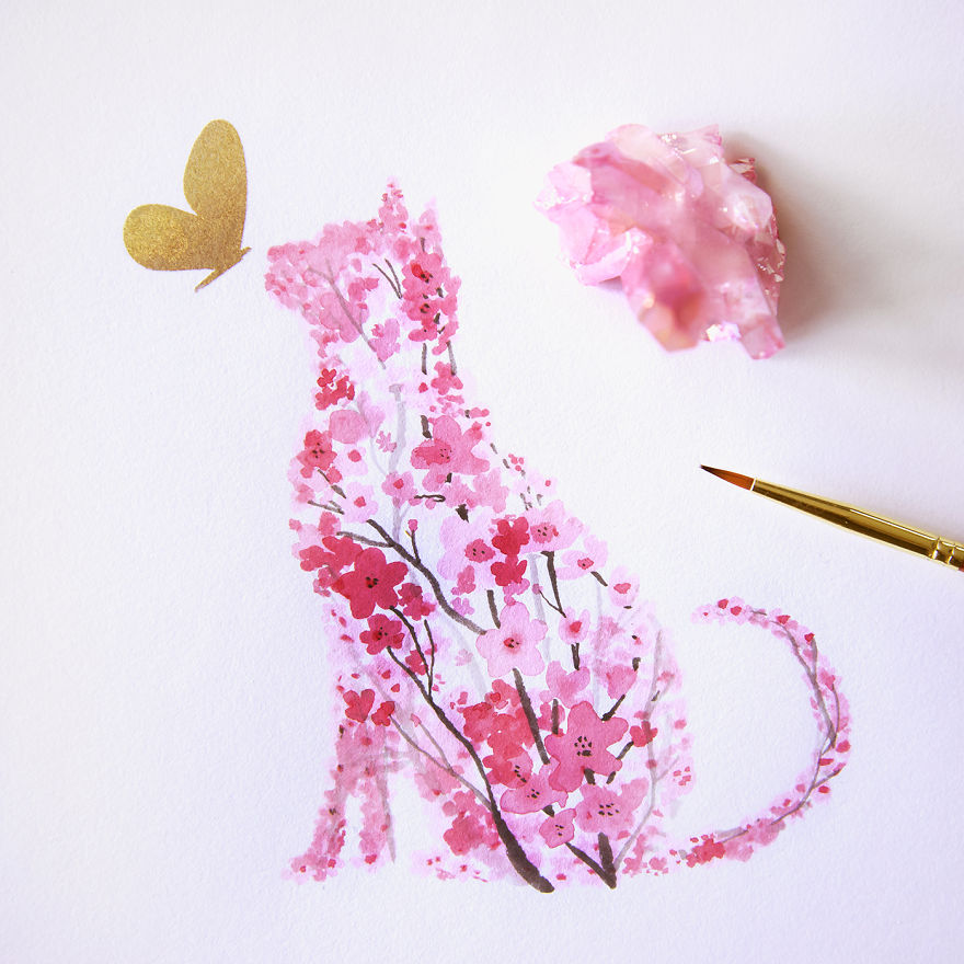I Watercolor Cherry Blossom Animals
