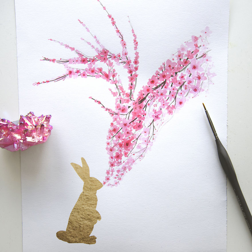 I Watercolor Cherry Blossom Animals