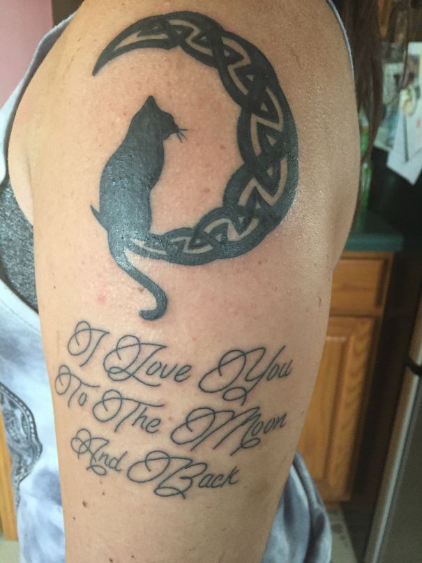 Cat tattoo featuring a silhouette sitting on a crescent moon with the phrase "I Love You To The Moon And Back."