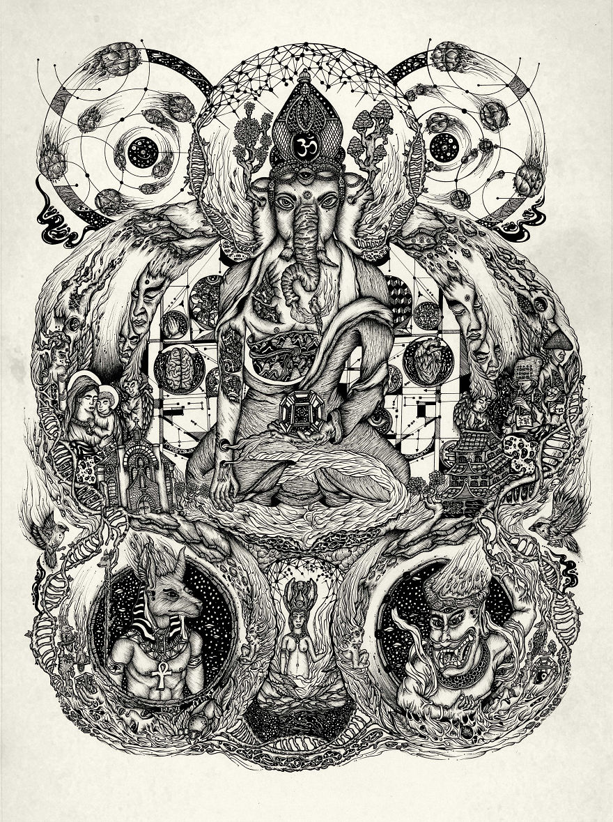 The Amalgamation - Hand-Drawn Pen And Ink Artwork Inspired By Religions, Alchemy And Nature