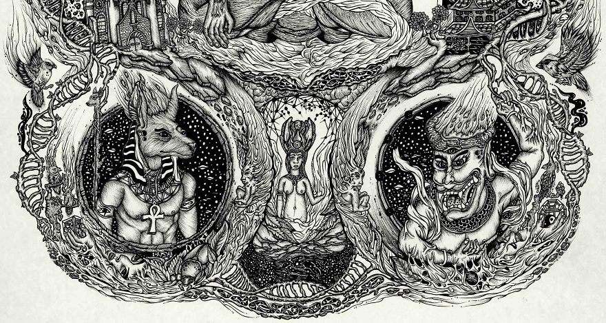 The Amalgamation - Hand-Drawn Pen And Ink Artwork Inspired By Religions, Alchemy And Nature