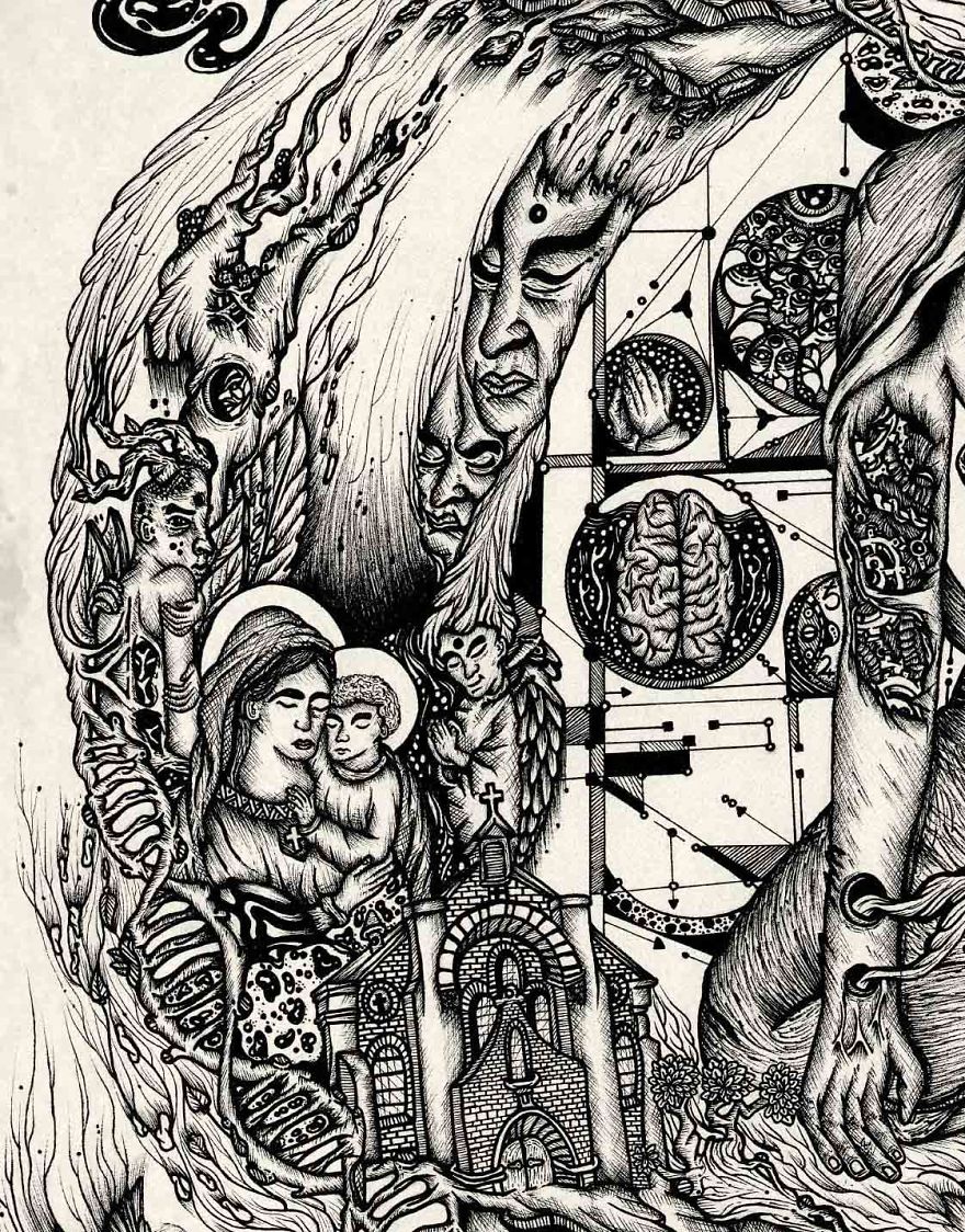The Amalgamation - Hand-Drawn Pen And Ink Artwork Inspired By Religions, Alchemy And Nature