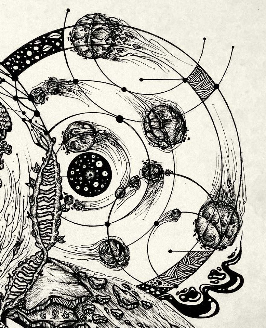 The Amalgamation - Hand-Drawn Pen And Ink Artwork Inspired By Religions, Alchemy And Nature