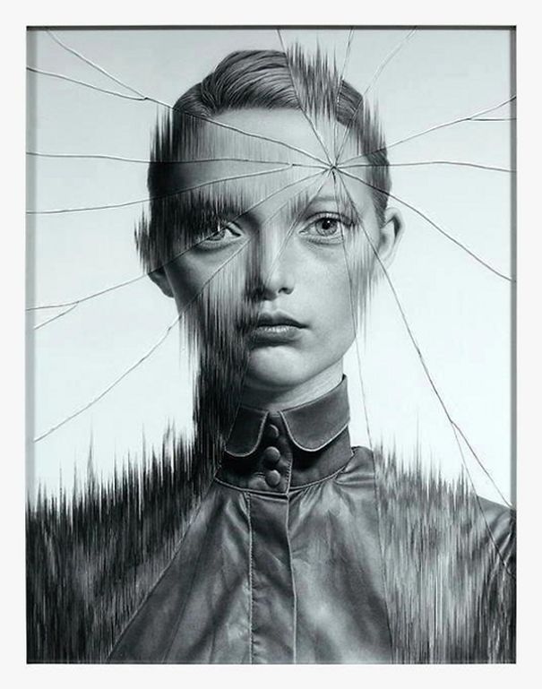 The Cracked Portrait, Pencil Drawing And Glass