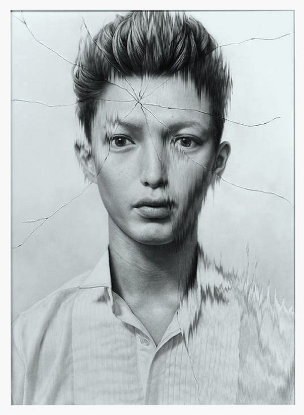 The Cracked Portrait, Pencil Drawing And Glass