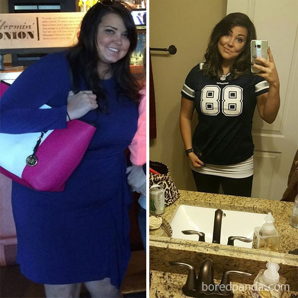 Before-and-after photos of a woman showing transformation after stopping drinking.