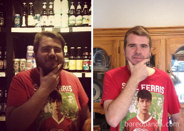 Man in a red Ferris shirt, before and after quitting drinking, showing visible changes in appearance.