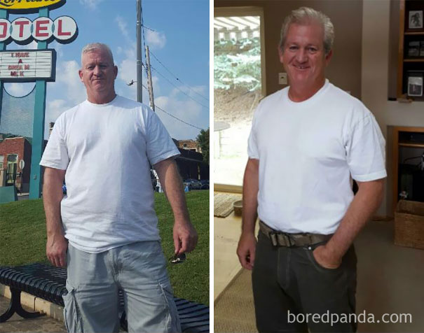 Before-and-after images of a man who stopped drinking, showing significant physical change.