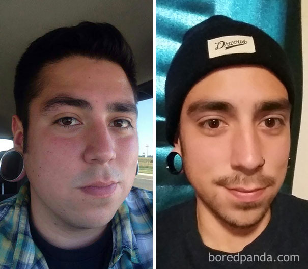 Before-and-after comparison of a person showing changes after quitting drinking.