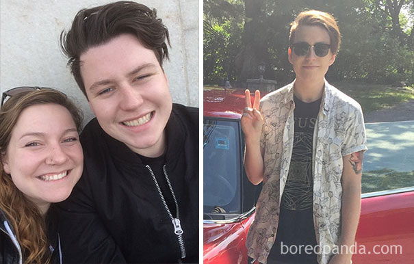 Person showing before-and-after effects of quitting alcohol, smiling with a friend and posing by a red car.