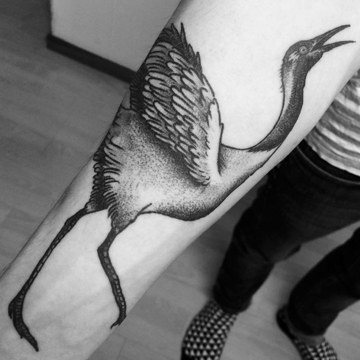 Unique small bird tattoo on forearm, intricately detailed and shaded, showcasing an expressive bird in black ink.