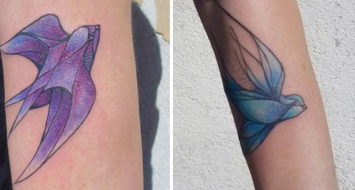 Two unique small bird tattoos: one in purple hues and the other in blue, showcasing artistry and detail.