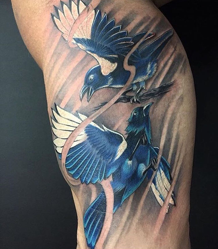 Two vibrant small bird tattoos with blue and white feathers, newly inked on arm.