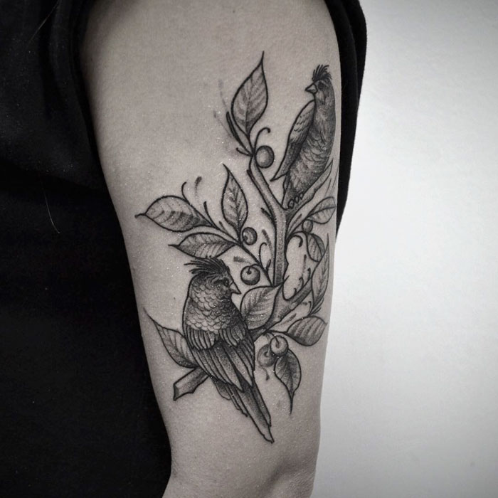 Black and gray tattoo of two small birds perched on a branch with leaves.