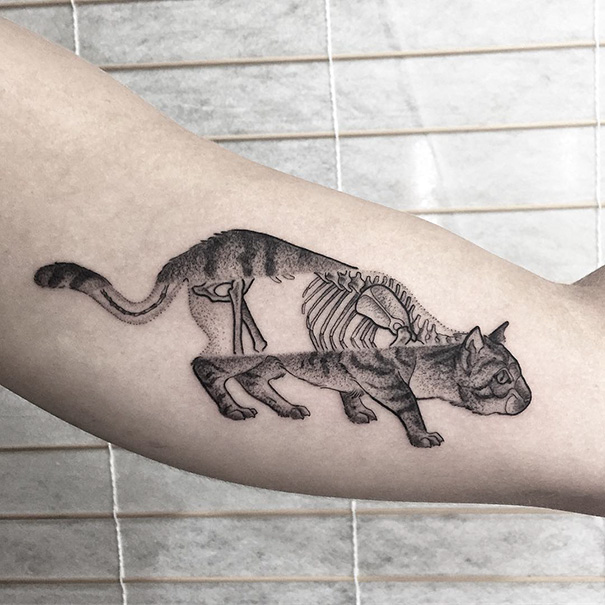 Cat tattoo with skeleton design on forearm, showcasing unique body art for cat lovers.