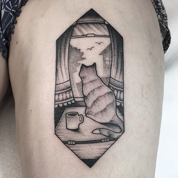 Cat tattoo featuring a feline silhouette by a window with a cup of coffee.