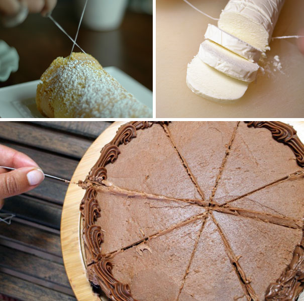 Use Unscented Dental Floss To Cut Frustrating Foods Like Cheeses, Cakes, Burritos, Cinnamon Rolls And Etc.