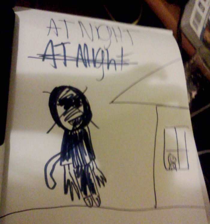 Scary monster near a house at night drawing 