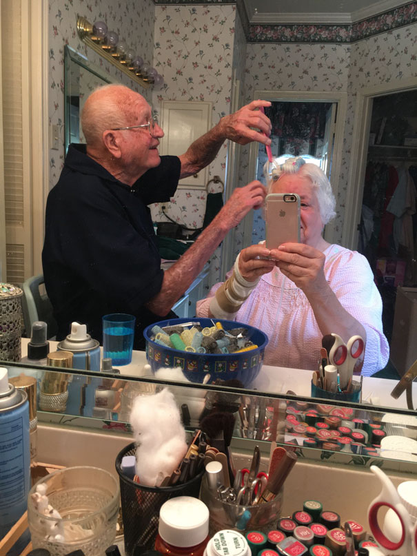 Helping Each Other: "My Grandma Had Surgery On Her Wrist And Couldn't Do Her Own Hair So My Grandpa Did It For Her"